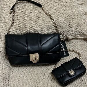 True Religion Black Quilted Leather Chain Shoulder Bag with Matching Mini Pouch